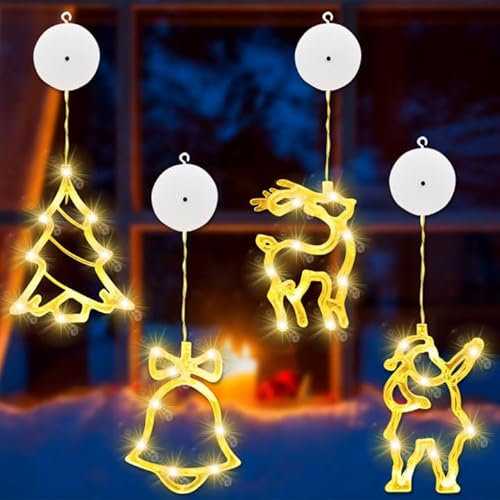 Luci Natalizie con Ventosa, Set di 4 Tenda Luci di Natale, Luce Decorativa per Finestra Natalizia, Luci Stringa di Natale per Finestra, Albero di Natale, Campane, Decorazioni per Finestra, Porta