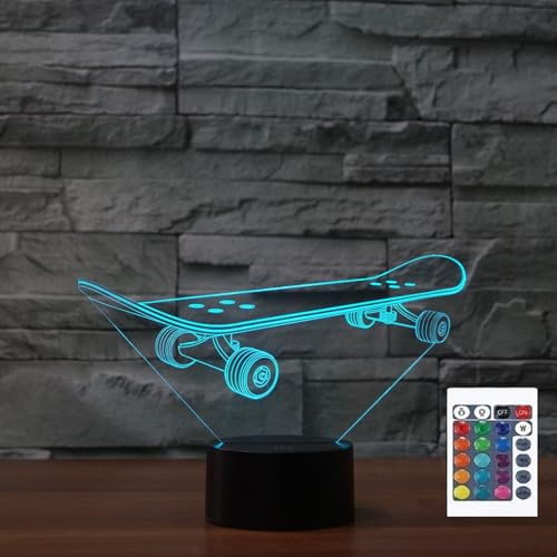 FLRXHK Skateboard-Nachtlicht mit 3D-Illusion, Touch-Tischlampe mit Fernbedienung, 16 Farben, optisches USB-LED-Nachtlicht für Kinder, Geschenk, Raumdekoration