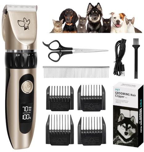 HOSSOM Leise Hundeschermaschin Profi Elektrische Hundetrimmer Schnurlosen mit für Hunde wiederaufladbar Rasierer für Hunde und Katzen lange/dicke/verfilzte lockige Tierhaare