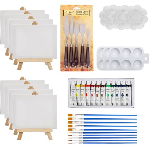 49 Pcs Mini Canvas and Easel Set, 4x4 Inches Mini Painting Set | Paint Brushes, Paint Palette Small Adjustable Easel Stand with Painting Boards for Oil Painting, Drawing, Artist