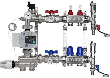 ENVIRON- Heizkreisverteiler [2-12 Heizkreise] mit Festwertregelset, Kugelhahn Set und Schnellentlüfter Set | Hocheffizienzpumpe (Wilo Para STG 25/8, 2 Heizkreise)