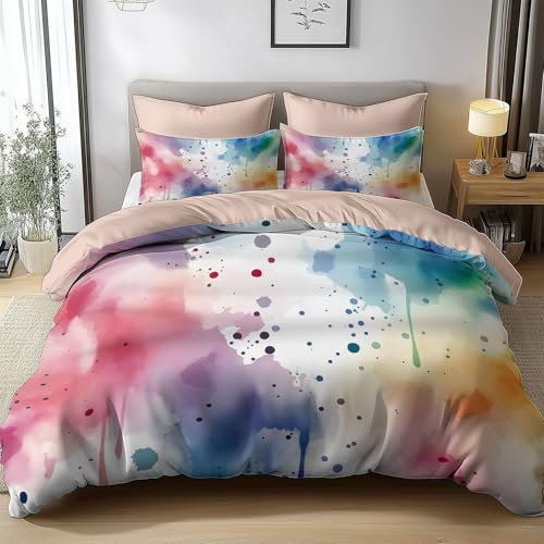 Bettwäsche-Sets 135x200cm Handgemalte Farbe Bettwäsche 3 Teilig, Weich Atmungsaktiv Polyester-Baumwolle Bettbezug Set mit Reißverschluss, 2 Kissenbezüge 80x80 cm