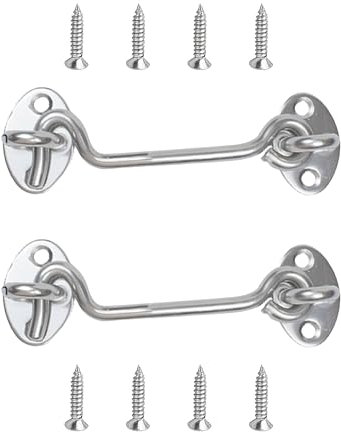 2PCS Hook and Eye Latch 4 Inch Silver Stainless Steel Gate Latch- Ideal for Door Locks Without Drilling Garden Gates Over Door Sheds Bathrooms Bedroom Door Lock