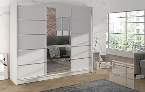 Easy4You London 200 cm Sliding Door White Wardrobe with Mirror Widths 100/120/150/180/200 cm Furniture for Bedroom Living Room Wardrobe with Hanging Rail