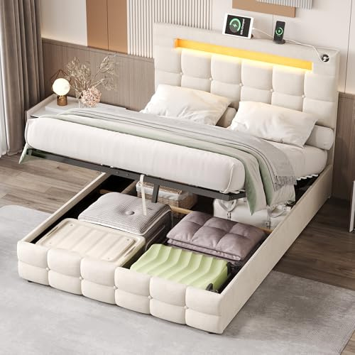 Gxffipw 4ft6 Upholstered Double Bed Frame with LED Lighting and USB Type-C, Velvet Ottoman Bed Double 135x190 cm with Hydraulic Storage and Adjustable Button Tufted Headboard, Beige, No Mattress