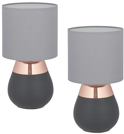 Relaxdays Tischlampe, 2er Set, Metallfuß, Stoffschirm, E14, H x D: 32 x 18 cm, Nachttischlampe mit Kabel, grau/Kupfer