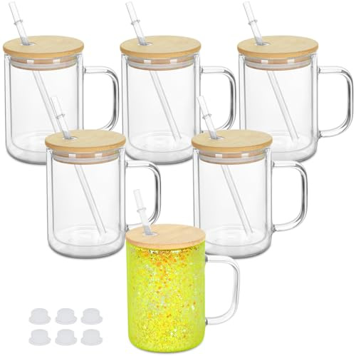 15 Oz Pre-Drilled Glass Snow Globe Tumbler with Handle, 6 Pack Double Wall Snowglobe Cup Coffee Mug for Snow Globe DIY Glitter, Clear