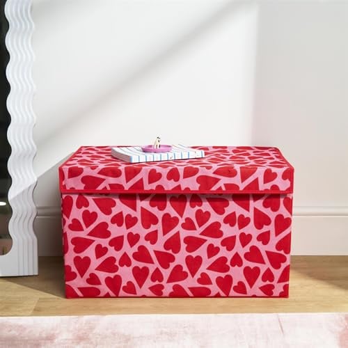 OHS Large Collapsible Storage Box, Hearts Print Foldable Storage Box with Lid Wardrobe Organizer Bin with Handle Fabric Basket Organizer for Clothes Book Shelf Office, Pink