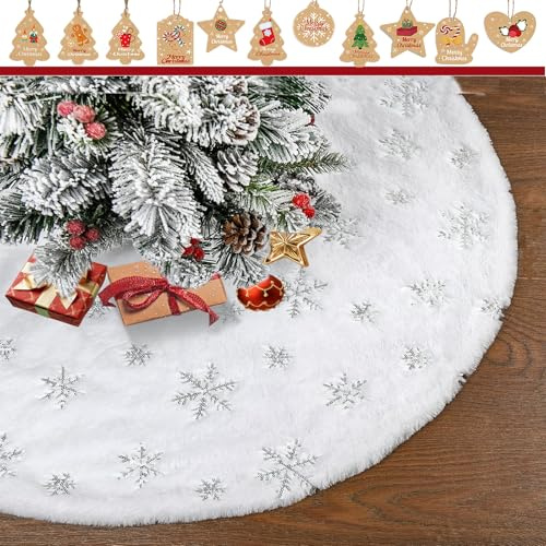 Weihnachtsbaum Decke 120 cm, Weiß Christbaumdecke Rund Tannenbaum Decke Kunstfell Weich Weihnachtsbaumrock Christbaum Decke Weihnachtsbaum Unterlage Tannenbaum Teppich Mit 50 Stück Weihnachtsanhänger