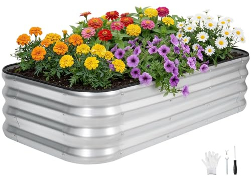 INNO STAGE Adjustable Raised Garden Bed, 120 x 60 x 30cm Metal Planter Boxes Outdoor for Growing Vegetables, Herbs, Flowers Steel Plant Raised Garden Bed Kit - Silver 1Pack