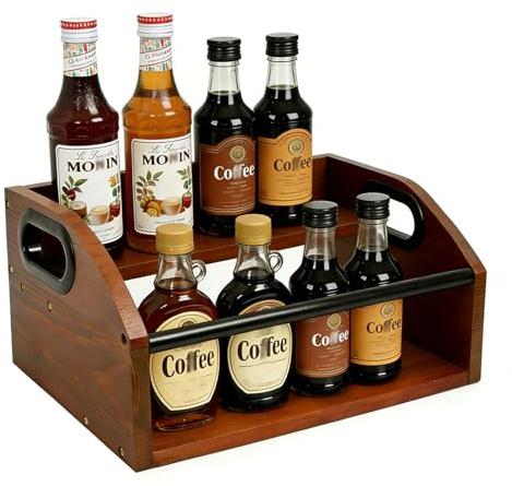 Hynorian Sirupregal Holz 2 Stufig mit Metallgeländer für Kaffeestation | Kaffeesirup Organizer mit Traggriff, schafft Ordnung für Kaffee, Sirup und Getränke in Küche oder Bar