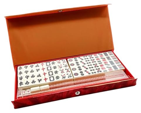 Quorvex Mahjong Spieleset,144 Stücke Tragbares Vollständiges Set | Komplettset Mit 2 Würfeln Und 4 Ablagebrettern | Für Erwachsene, Anfänger, Familienfeiern, Zuhause, Reisen, Partys, Nächte Und