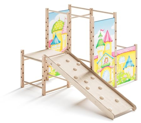 Kids Jungle Indoor Kletterspielplatz mit Kletterrampe – Massivholz – bis 100 kg – DIN EN 71 geprüft – ab 3 Jahren (Prinzessinnen-Schloss)