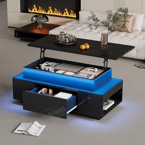 ModernLuxe Lift Top Coffee Table with LED Lights, High Gloss Black Coffee Table with Hidden Storage & Drawer, Hydraulic Rising Centre Table for Living Room,Sofa Side End Table 96x45x40cm