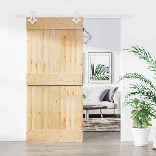 PUGYNBK Moderna porta scorrevole bianca naturale, 90 x 210 cm, in pino massiccio con guida superiore, design salvaspazio per piccoli spazi, parti in acciaio verniciato a polvere