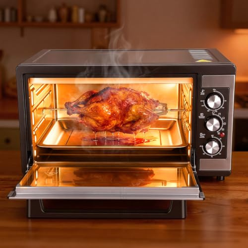 Mini Four Electrique 46L, Chaleur Tournante 9 en 1, 1500W, Tournebroche, Déshydratation, Four de Comptoir Grande Capacité, 6 Accessoires Inclus, Minuteur 60 Min, Inox, pour Cuisine Familiale UE