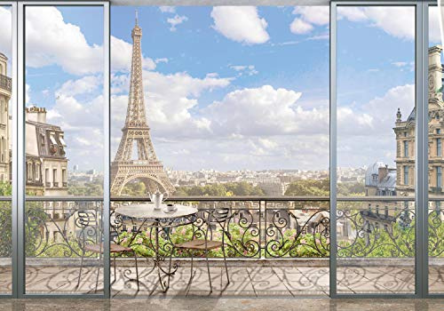 wandmotiv24 Fototapete Aussicht Balkon Paris, L 300 x 210 cm - 6 Teile, Wanddeko, Wandbild, Wandtapete, Stadt, Eiffelturm, Frankreich M1216