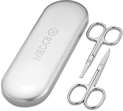 Edelstahl Haarschere - Augenbrauenschere, Bart & Schnurrbart Trimm Set, kleine gebogene & abgerundete Spitze Gesichtshaarschneider Set für ein sichereres Ohr, Nasen Haartrimmer für Herren & Reiseetui