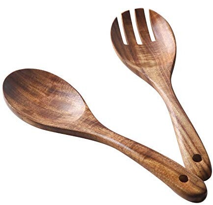 Muso Wood Wooden Salad Servers Set, Acacia Wooden Fork and Spoon Salad Tongs 26cm Serving Spoons Set Wood Kitchen Utensil Salad Mixer Long Handle