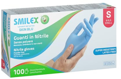 Bericah Smilex, Skin Blu, Guanti Monouso in Nitrile, Senza Polvere, Taglia S, 1 box da 100 pezzi,Azzurro