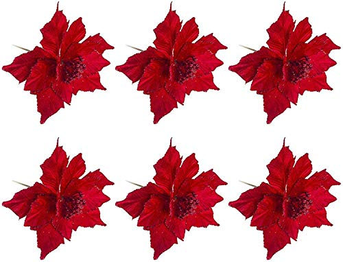 LAMF 6 adornos de árbol de Navidad de 9.5 pulgadas, con purpurina, arbusto de pascua roja, para boda, flores de Navidad, guirnaldas de boda