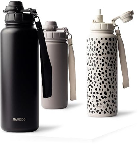MAMEIDO Gourde Isotherme avec paille 700 ml, Bouteille Isotherme inox sans BPA, Gourde étanche & Poignée de Transport, Water Bottle (Rich Black)