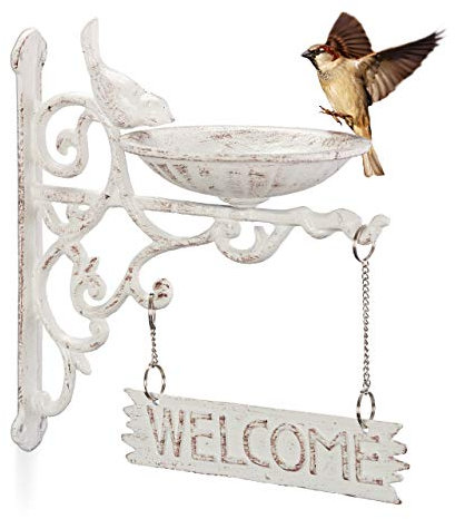 Relaxdays Abreuvoirs en Fonte Plaque de Bienvenue,Décoration Jardin, Fixation Mur; Soucoupe Eau, Blanc