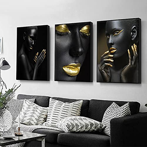 Schwarzgoldfarbene afrikanische Frau, Leinwand, Wandkunst, Fotos, nackte Frauen, Kunstdruck, modern, Wohnzimmer, Wohnkultur, 45 x 60 cm x 3 Stück, ohne Rahmen