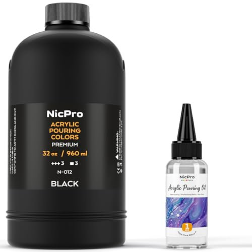 Nicpro Jet Black Color Acrylic Pour Paint, 33.8 Ounce Pre-Mixed Pouring Paint Supplies with Silicone Pour Oil & Gloves for Canvas, Rock, Wood Cell Creation Flow DIY Art Painting, Ready to Pour