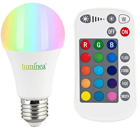 Luminea LED Birne: LED-Lampe E27, RGBW, 8 W (ersetzt 75 W), 806 Lumen, dimmbar (Glühlampe mit Fernbedienung, LED Fernbedienung, Deckenleuchte)
