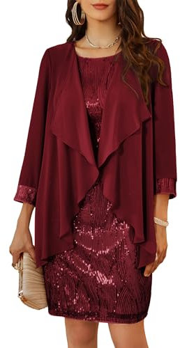 Fashion Ärmelloses Party Paillettenkleider Knielang Rundhalsausschnitt Einfarbiges 2-teilige Paillettenkleid Set für Sommer Rotwein M