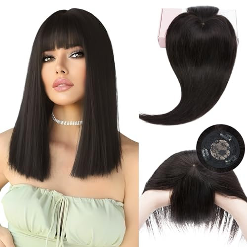 Elailite Toupet Frauen Haarteil Echthaar Topper Pony MONO 25cm 32g Clip in Extensions Haarverlängerung 150% Dichte Remy Glatt 10 #1B Natürliches Schwarz