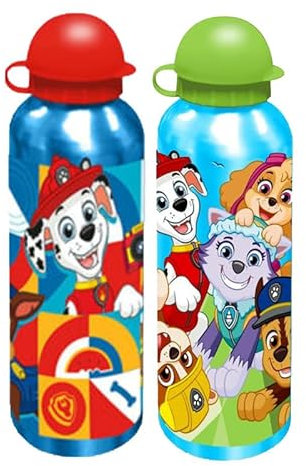 HOVUK 2 Stück blaue und aquamarinfarbene PAW Patrol Aluminium-Wasserflaschen, schadstofffrei und wiederverwendbar, 21 cm, auslaufsicher, Kinder-Trinkflasche, Picknick und Sommergeschenk