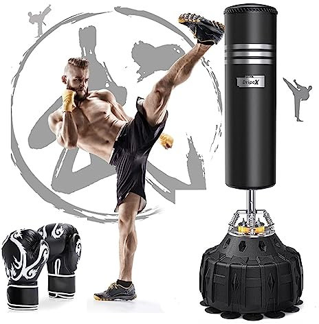 Dripex Sac de Boxe Autoportant avec Gants Sac de Frappe sur Pied 178 cm Punching Ball avec 19 Ventouses pour Muay Thai, Kickboxing, Arts Martiaux et MMA