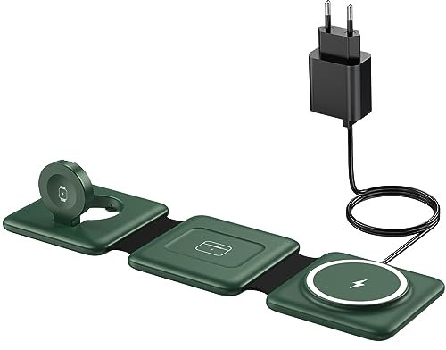 Mag-Safe Ladestation Für iPhone Wireless Charger - 3 in 1 Faltbare Kabelloses Ladegerät Kompatibel mit iPhone 16 15 14 13 12 Pro Max Plus, Travel Charging Station Für Apple Watch & Air Pods (Grün)
