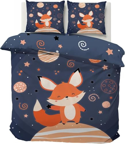 Boceoey Housse de Couette 140x200 Planète Renard Orange Parure de Lit 1 Personne en Microfibre, Housse de Couette Enfant Imprimée avec Fermeture Éclair avec 2 Taie d'oreiller 65x65 cm