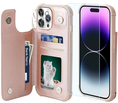 VANAVAGY Wallet Case Compatible for iPhone 15 Pro Max,Leather Flip Folio Shockproof Phone Cover Fit Magnetic Car Mount [Screen Protector Included] with Credit Card Holder, Rosegold