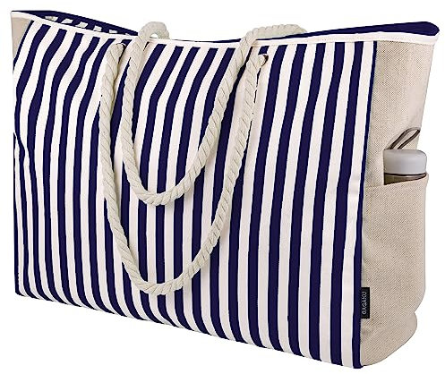 GAGAKU Sac de Bain XXL Famille, Sac Extra Large avec Fermetures Éclair en Toile Étanche au Sable, Bleu Marine Rayé, Vert