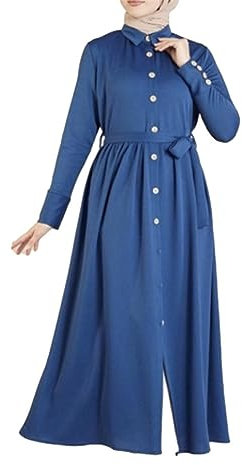 DOTBUY-SHOP Muslimisches Kleid Damen Ohne Hijab Muslim Hemd mit Knöpfen Sommerkleid Lange Robe Naher Osten Dubai Türkei Arab Islamischer Ramadan Gebetskleidung Abaya für Frauen