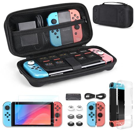 Younik Switch Case for Switch 2017, 14 in 1 Accesseries Kit with Switch Carrying Case, Screen Protector, Protective Covers, Thumb Grips Caps, Game Card Case and Type C cable (Black, Button Pattern)
