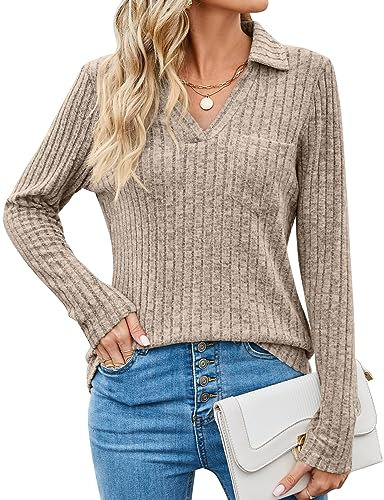 Gemulate Women's Khaki XXL Long Sleeve V-Neck Polo Sweatshirt