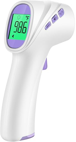 Fieberthermometer Kontaktlos, Stirnthermometer mit sofortigen genauen Messwerten, Fieberalarm, LCD-Anzeige und 35 Speicherabruf, Digitales Infrarot Thermometer für Kinder und Erwachsene (Violett)