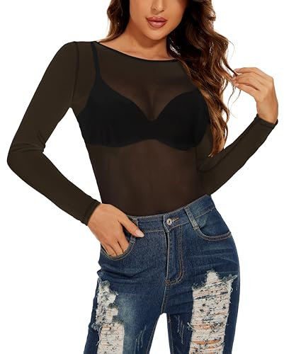 florynova Womens Mesh Tops See Through Sheer Stretchy Long Sleeve Blouse Slim Fit Shirt(Black,M)