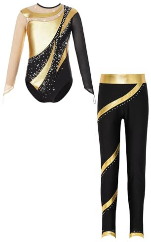JanJean Kinder Mädchen Gymnastikanzug Langarm Turnanzug Ballettanzug mit Leggings Sport Hose Strass Tanzbody Gllitzer Turnbody Trainingsanzug Xb Gold 134-140