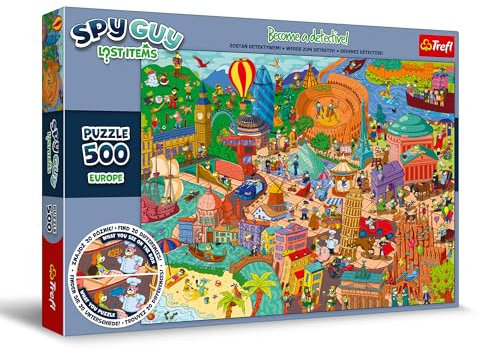 Trefl - Puzzle Spy Guy Lost Items: Europa - 500 Elemente, Werden Sie Detektiv und Finden Sie 20 Unterschiede, Verlorene Gegenstände, Kreative Unterhaltung für Erwachsene und Kinder ab 10 Jahren