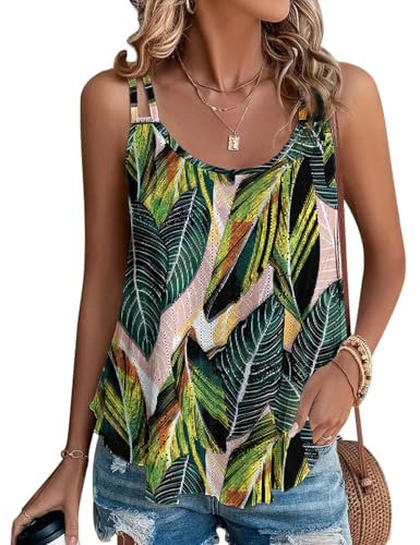 Damen Tanktops Ist Bügelfrei Träger Tops Ärmellose Blusentop Palm Leaft XXL