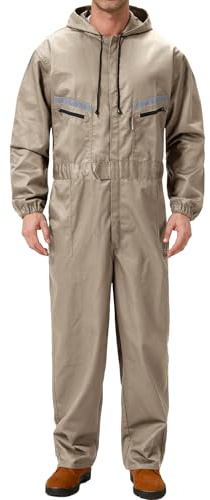 Yukirtiq Men's Workwear Hooded Boilersuit Coverall with Multi Pockets, Heavy Duty Polycotton Overall Trousers Mechanics Boiler Suit with Reflective Tape