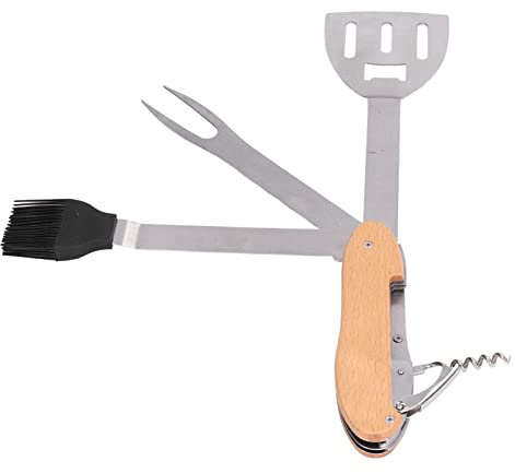 5 in 1 BBQ Multi Tool, Spatula Brush Fork Bottle and Opener BBQ Tools, Stainless Steel BBQ Grill Tool Set for BBQ Grilling and Camping