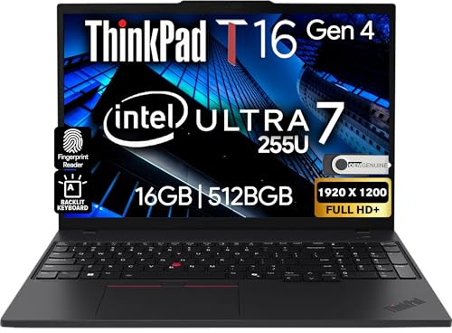 Lenovo ThinkPad T16 Gen 4 AI Business Laptop 16 FHD+ Display, Intel Ultra 7 255U (Beats i7-1355U), 16GB DDR5 RAM, 512GB SSD, 5MB Webcam, impronte digitali, retroilluminato KB, WiFi 6E + BT, RJ-45