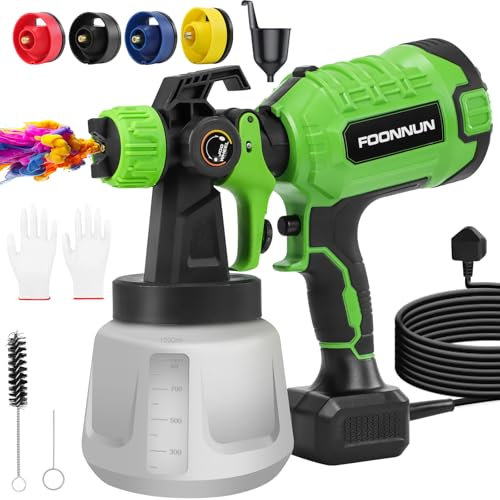 Pistola a Spruzzo Elettrica, FOONNUN Pistola per Verniciare con Contenitore da 1000ml, Flusso e Angolo di Spruzzatura Regolabili, 4 Ugelli in Ottone,per Recinzione da Giardino, Pareti, Mobili